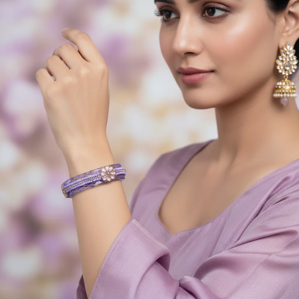 Lavender Beaded Bangle with Floral Centerpiece – Single Piece