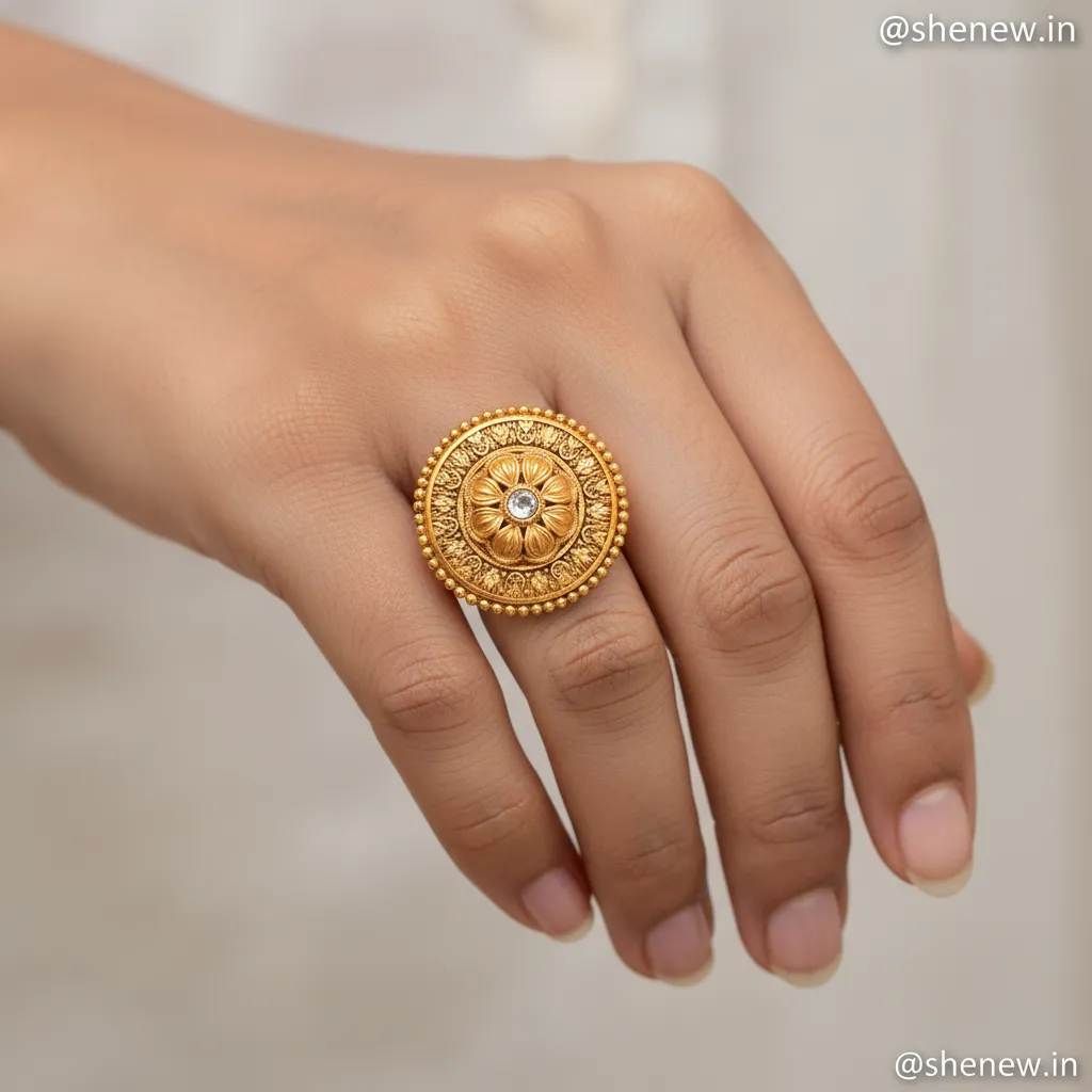 Antique Gold Adjustable Round Statement Ring with Mirror Center