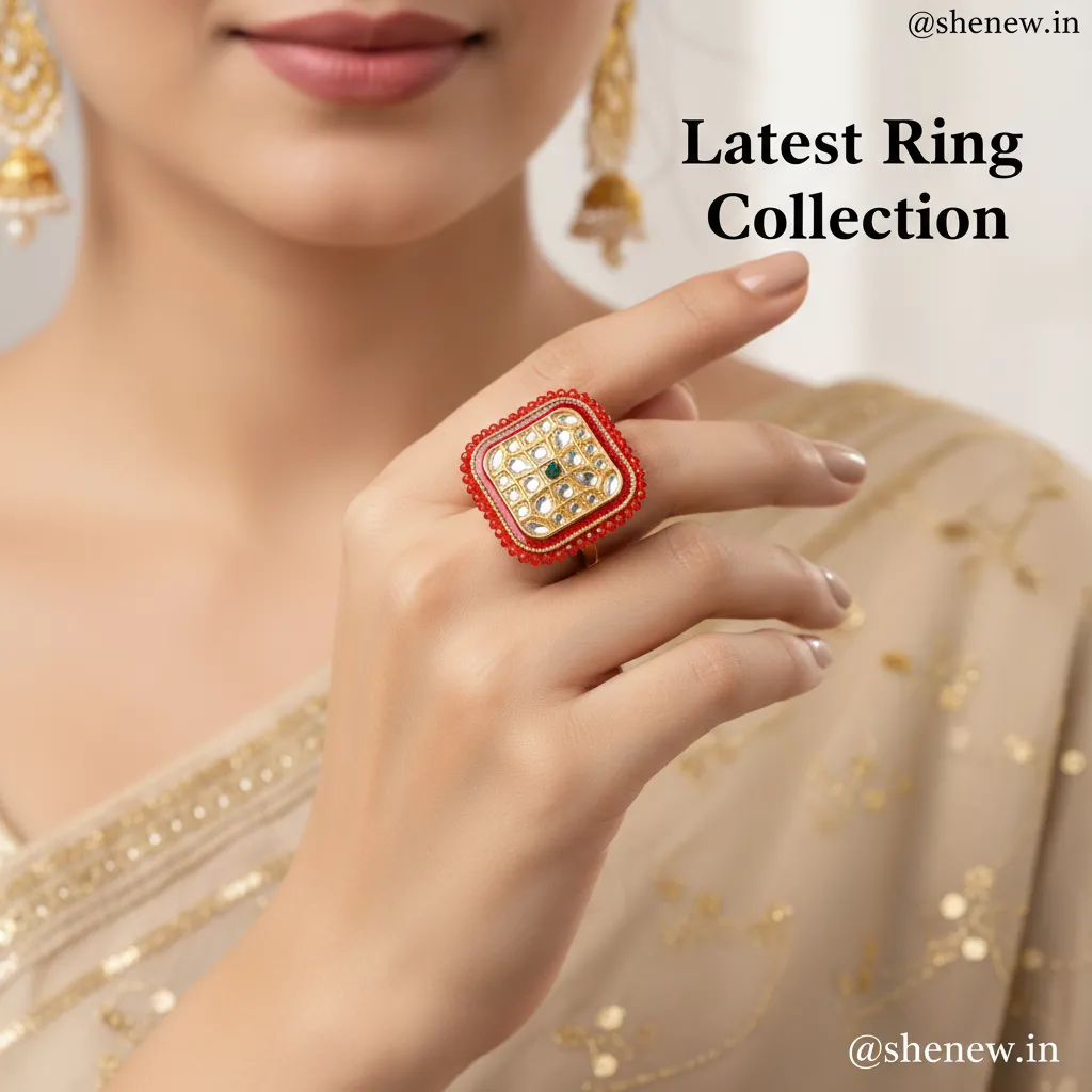 Red Beaded Square Kundan Statement Ring with Mirror Embellishments