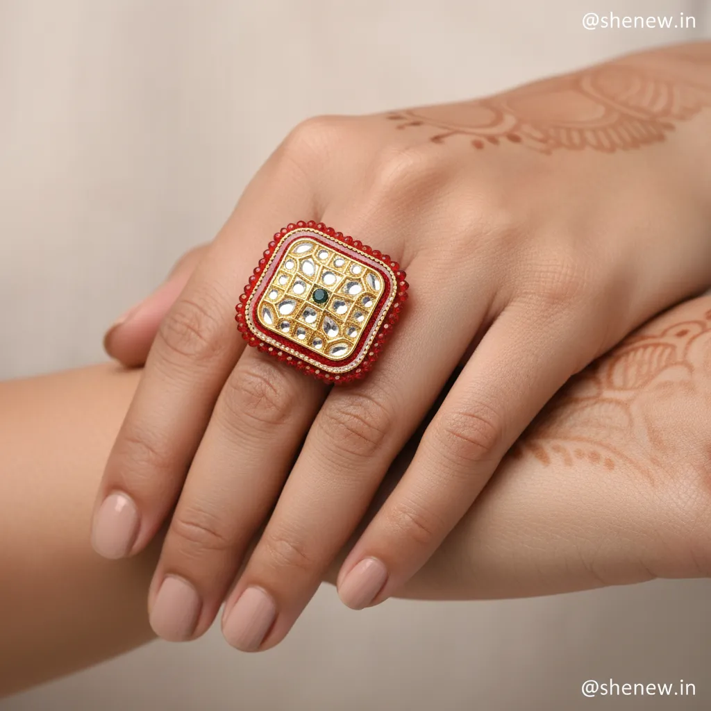 Red Beaded Square Kundan Statement Ring with Mirror Embellishments - Image 2