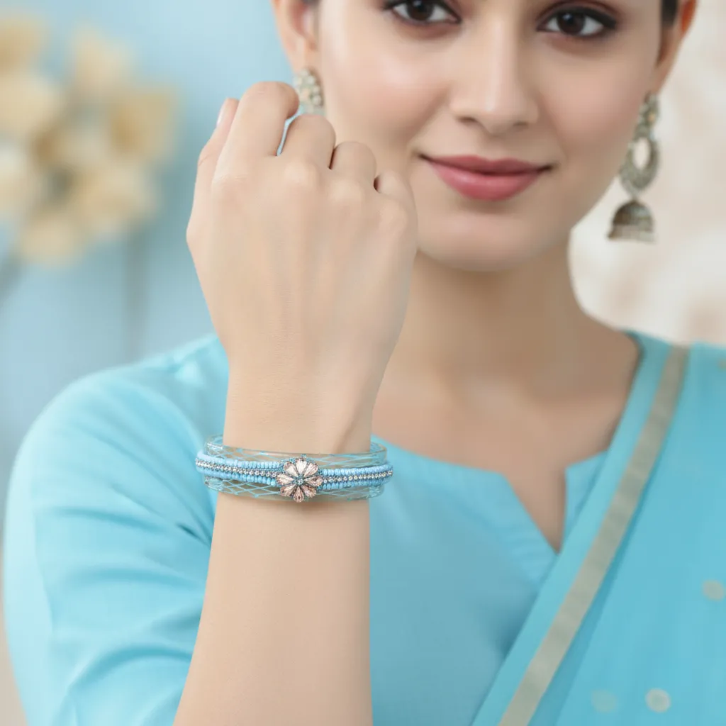 Sky Blue Beaded Bangle with Floral Centerpiece – Single Piece