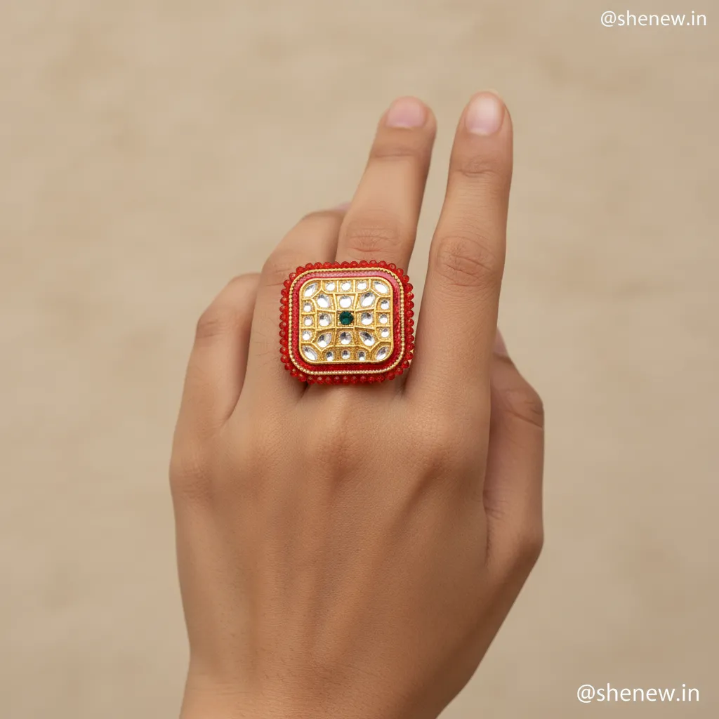 Red Beaded Square Kundan Statement Ring with Mirror Embellishments