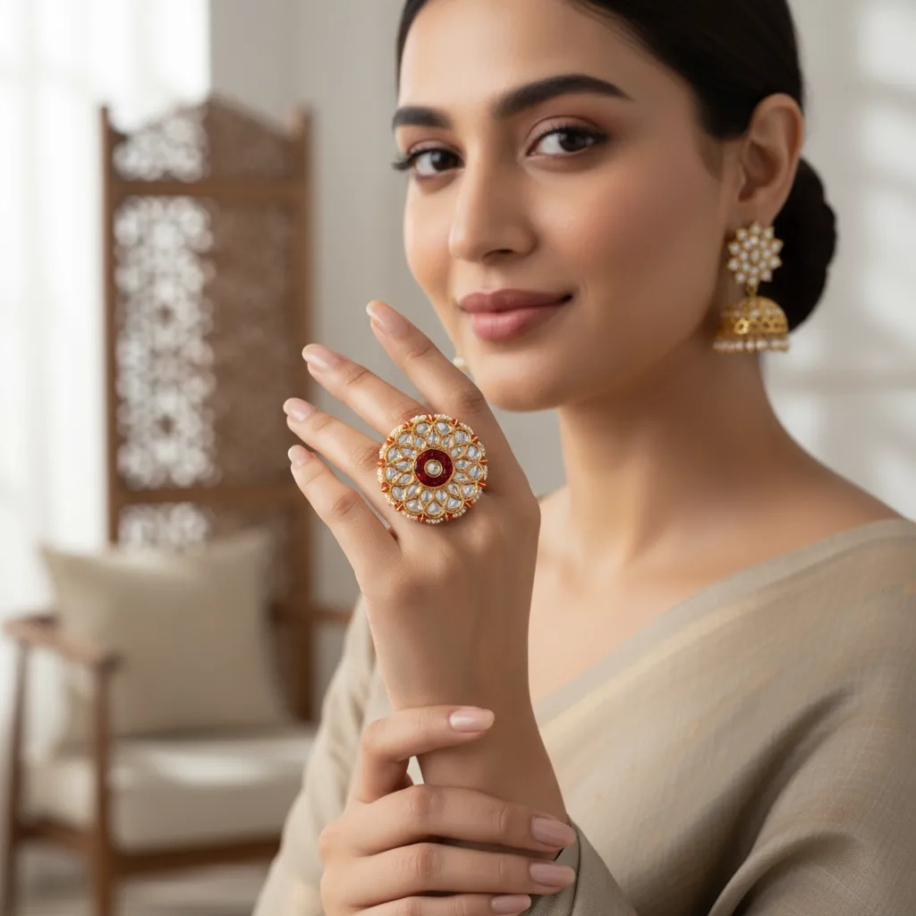 Round Floral Kundan Statement Ring with Red and White Detailing
