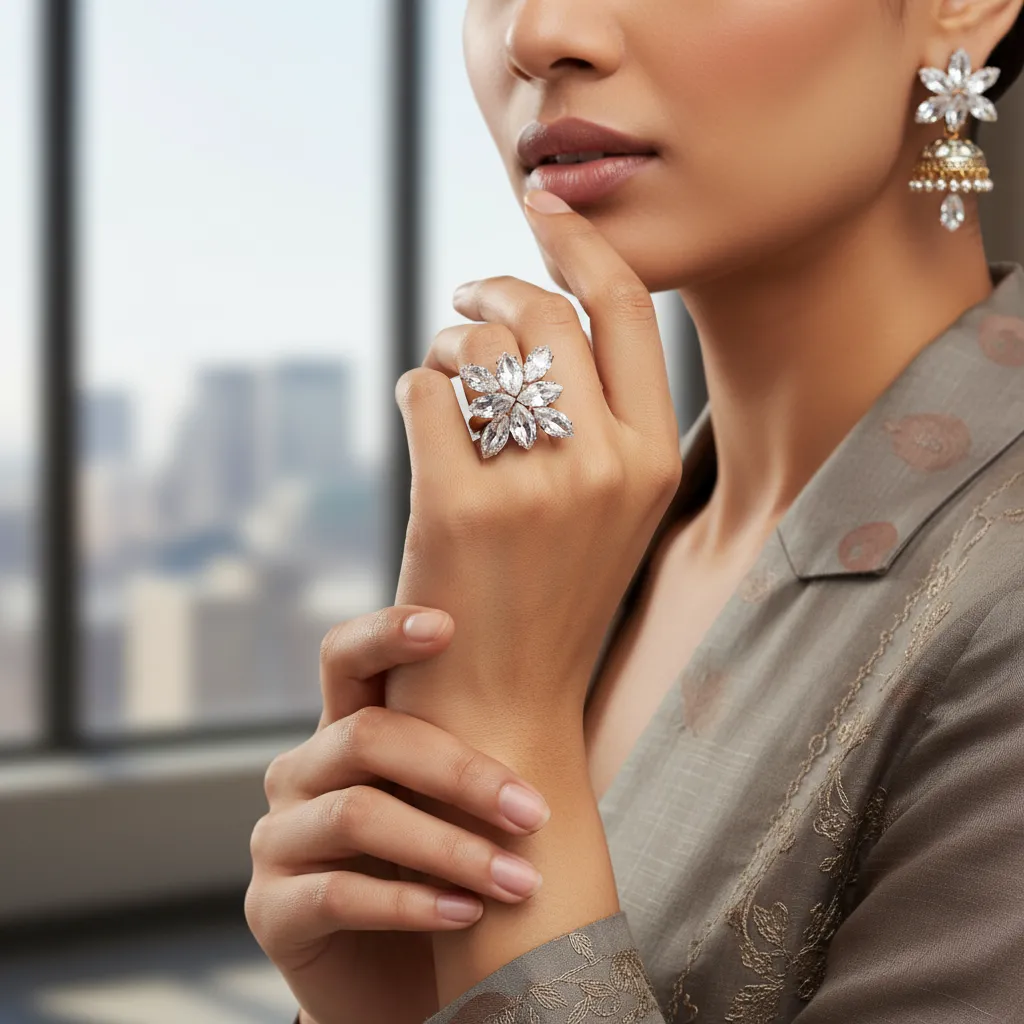Floral Crystal Statement Ring in Silver Tone