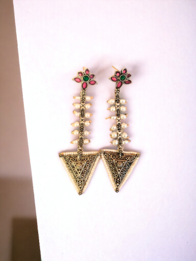 Contemporary Floral Design Pearl Stones Oxidised Earrings