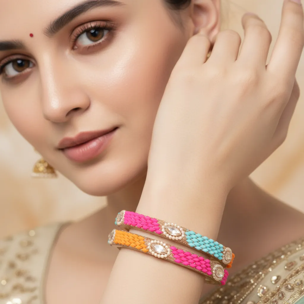 Multicolor Woven Design Bangles with Stone Detailing – Set of 4