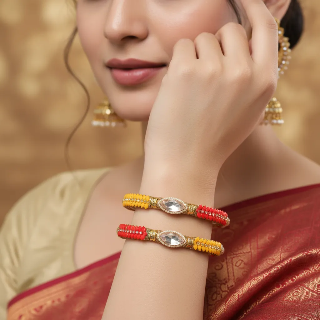Yellow & Red Beaded Bangles with Stone Centerpiece – Set of 2