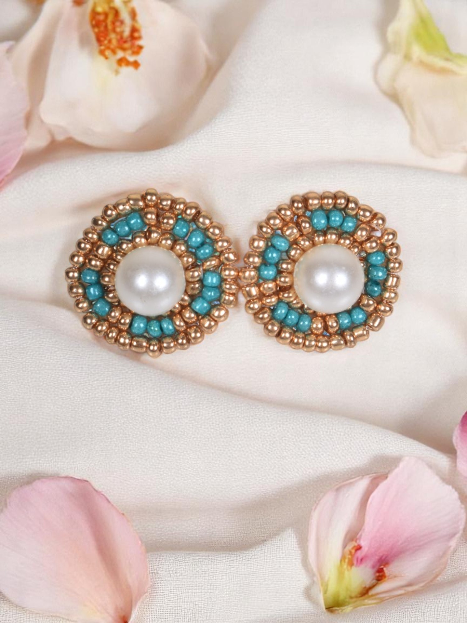 Golden Aqua Orbit Circle Stud Earrings