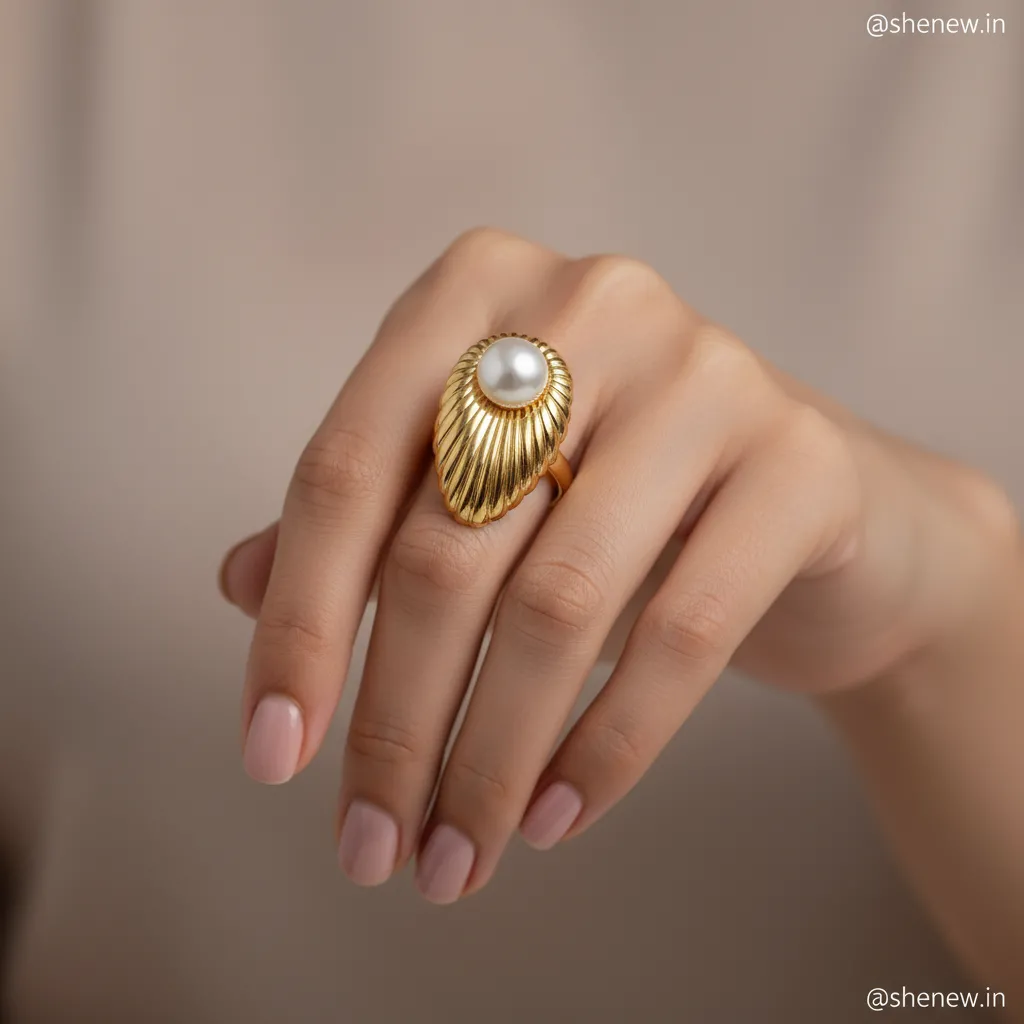 Golden Pearl Statement Ring with Textured Design