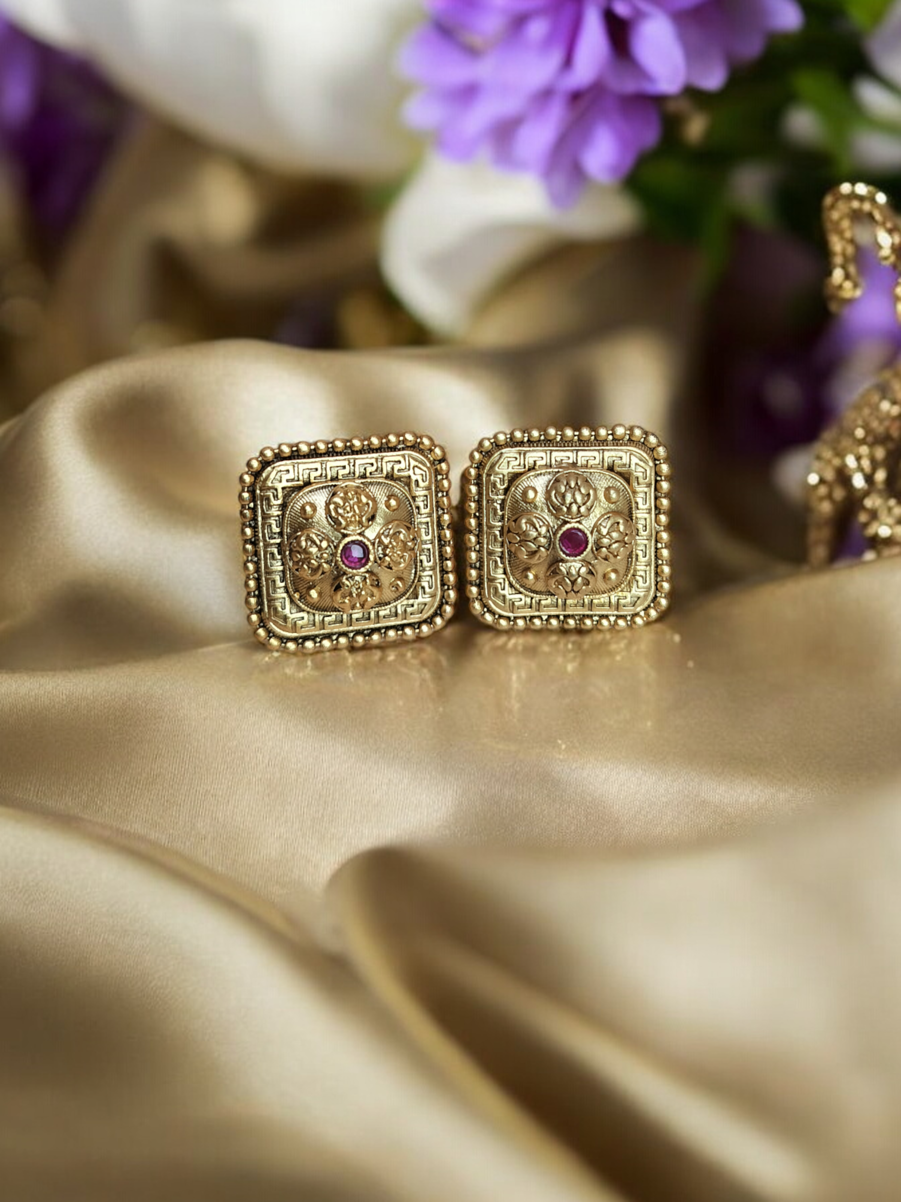 Regal Square Gold-Plated Ruby Stud Earrings - Image 2