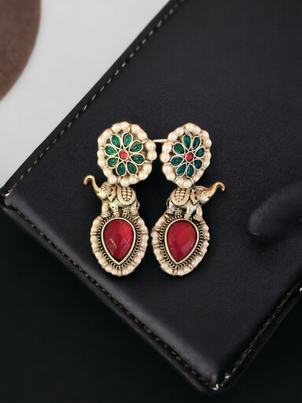 Elephant and Floral Design Stone-Studded Danglers Earrings