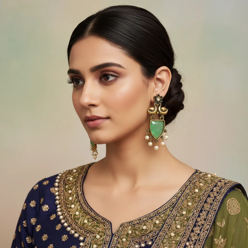 Green Boho Oxidised Pearl Drop Earrings for Women & Girls
