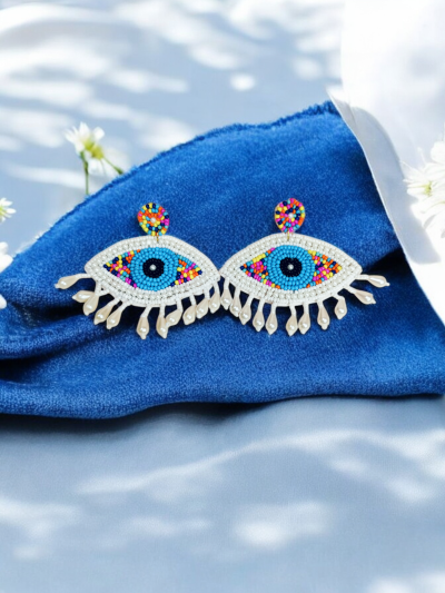 Multicolor Beaded Evil Eye Fringe Earrings