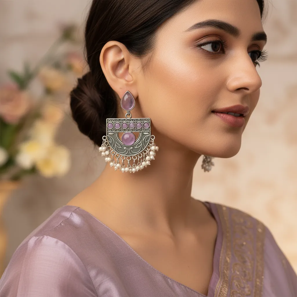 Lavender Stone Silver-Plated Ethnic Pearl Drop Earrings
