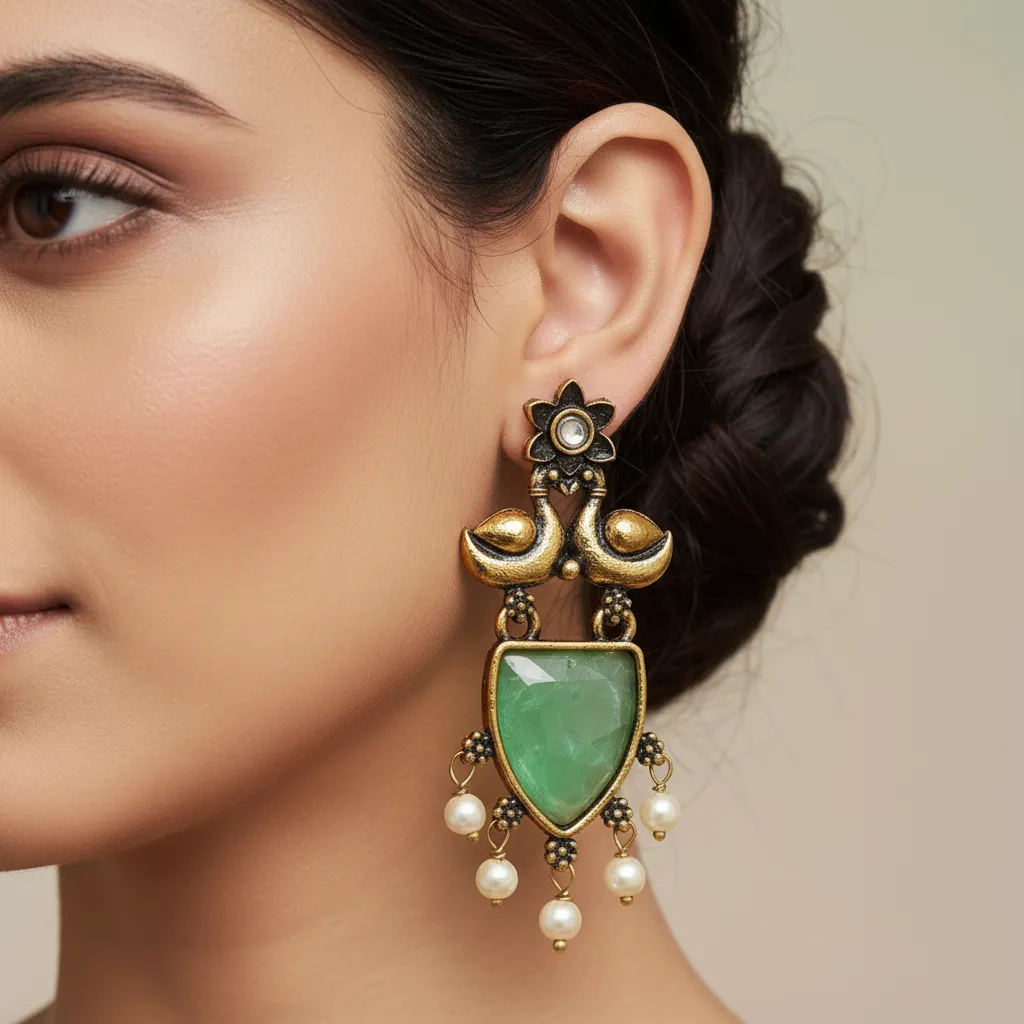 Green Boho Oxidised Pearl Drop Earrings for Women & Girls