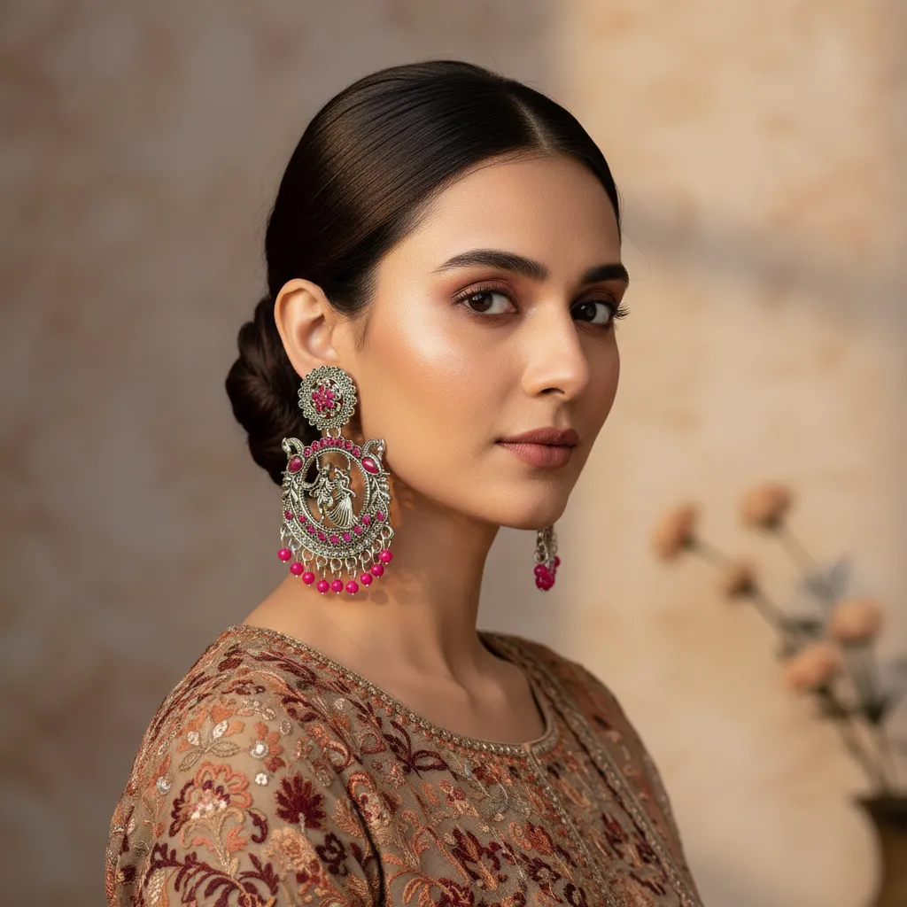 Silver-Plated Radha Krishna Oxidized Earrings with Pink Beads for Women
