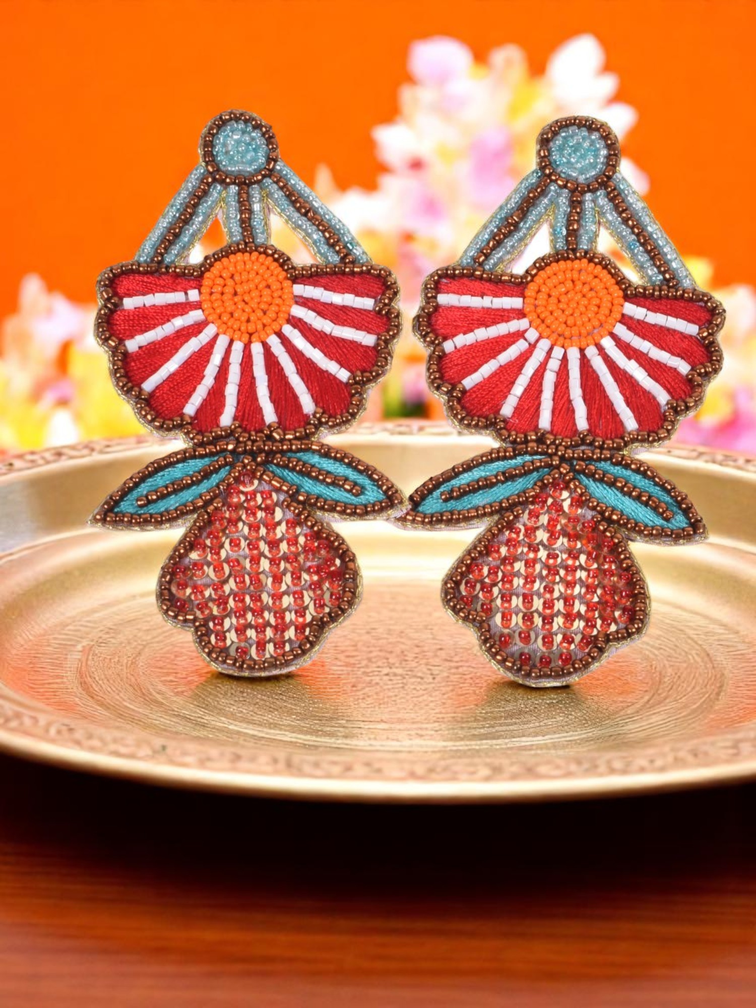 Designer Beaded Stud Earrings with Geometric Flower Pattern