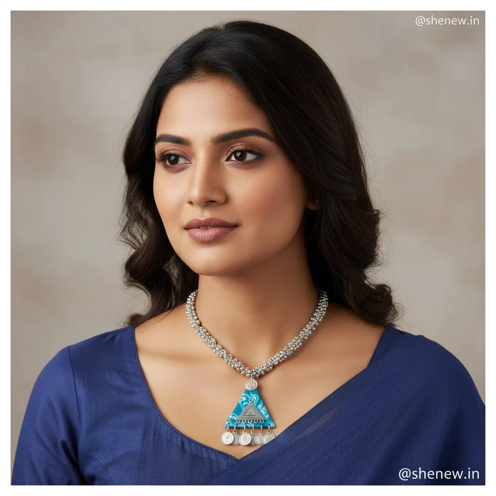 Blue Tribal Triangle Oxidised Necklace for Women