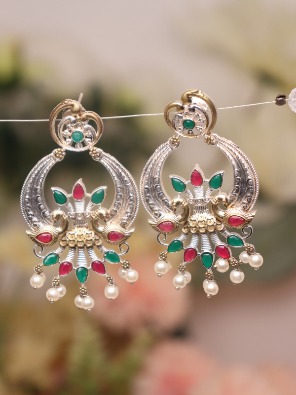 Peacock Oxidised Earrings with Colourful Stone - Image 3