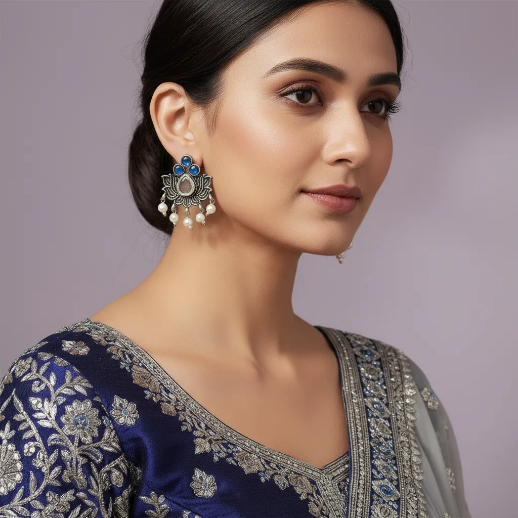Oxidised Silver Lotus Stud Earrings with Blue Stones & Pearl Drops