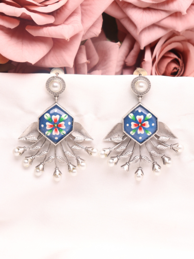 Half Flower Painted Oxidised Earrings