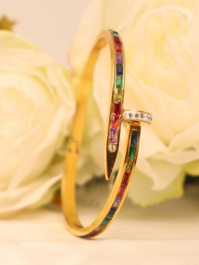 Rainbow Nail Crystal Gold Openable Hand Bracelet