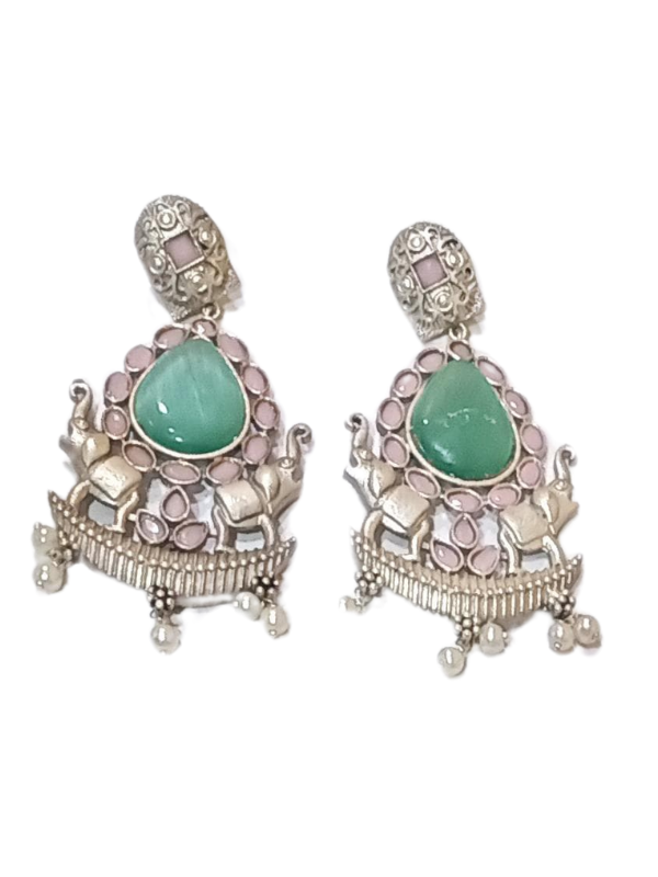 Elephant Design Oxidised Earrings with Pearl & Stones - Image 2