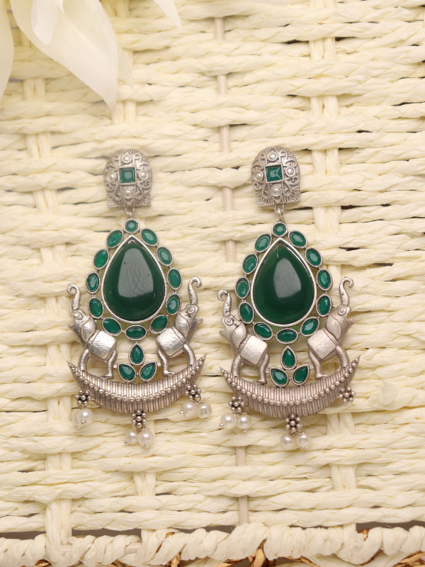 Elephant Design Oxidised Earrings with Pearl & Stones - Image 5