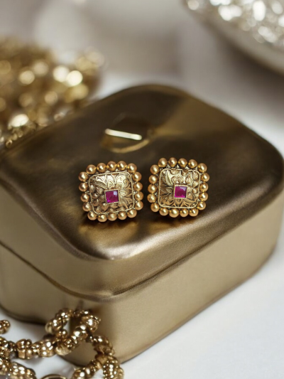 Antique Gold Brass Square Ruby Stud Earrings
