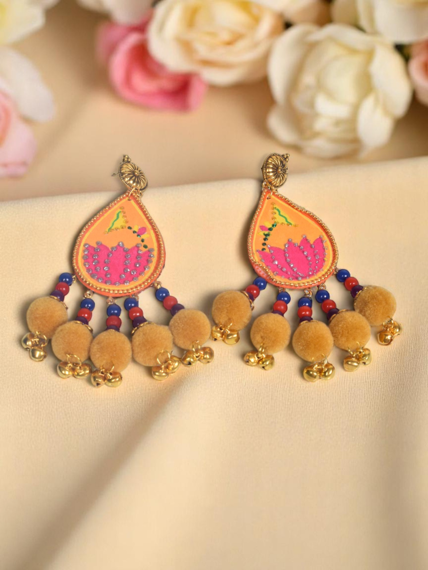Ethnic Lotus Design Earrings with Colorful Golden Beads