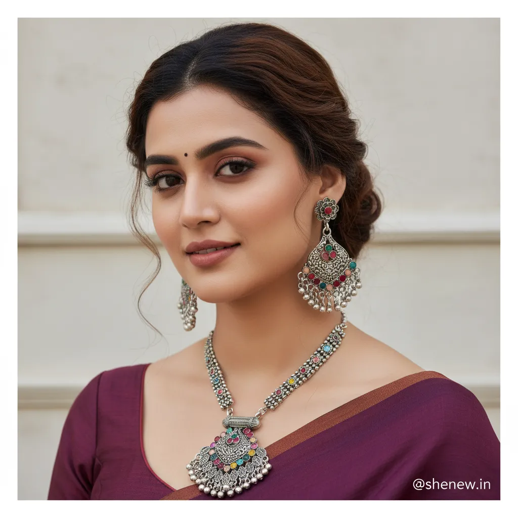 Oxidized Silver Plated Necklace & Earrings Set for Women - Image 3