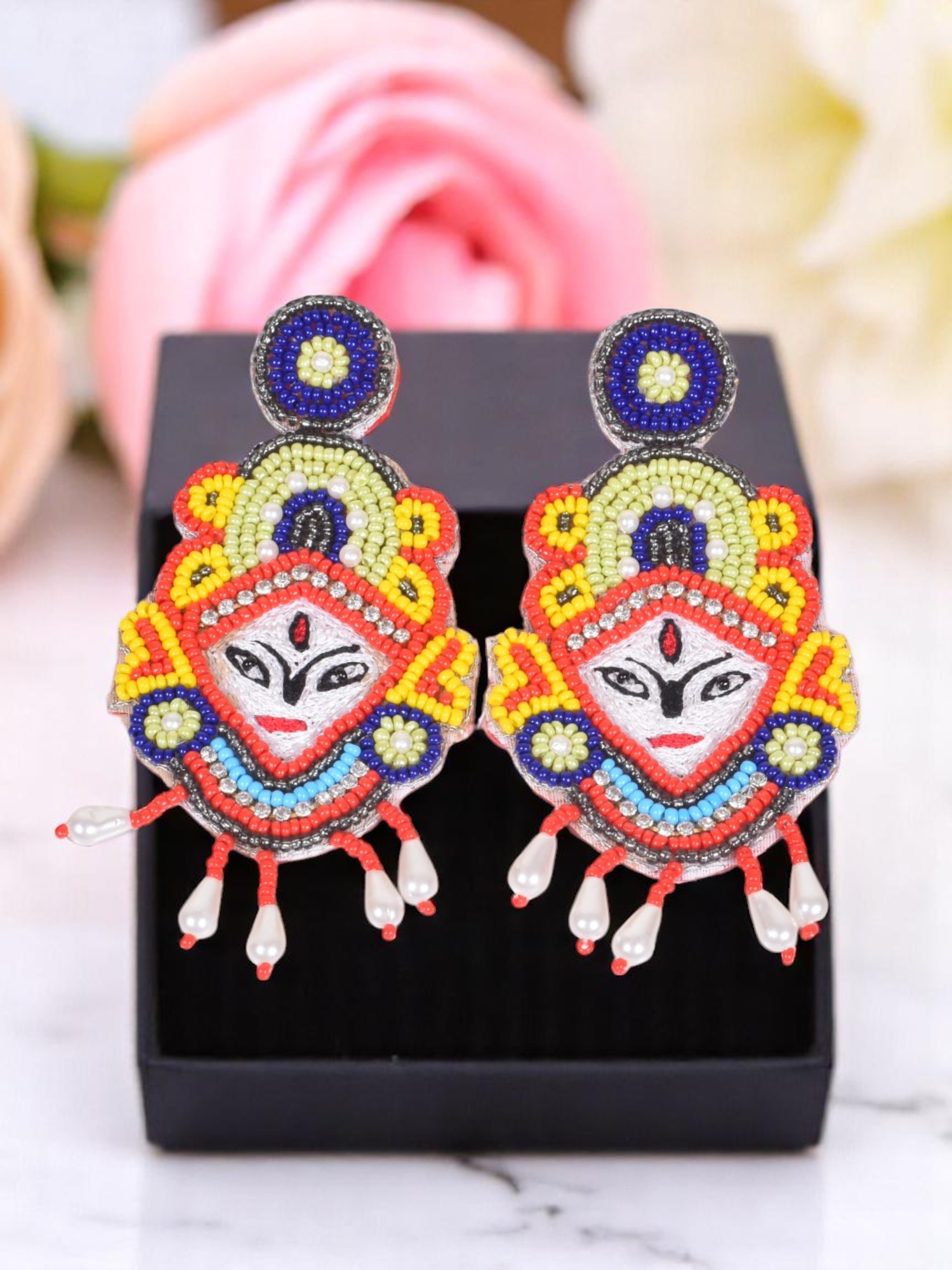 Maa Durga Traditional Beaded Drop Earrings