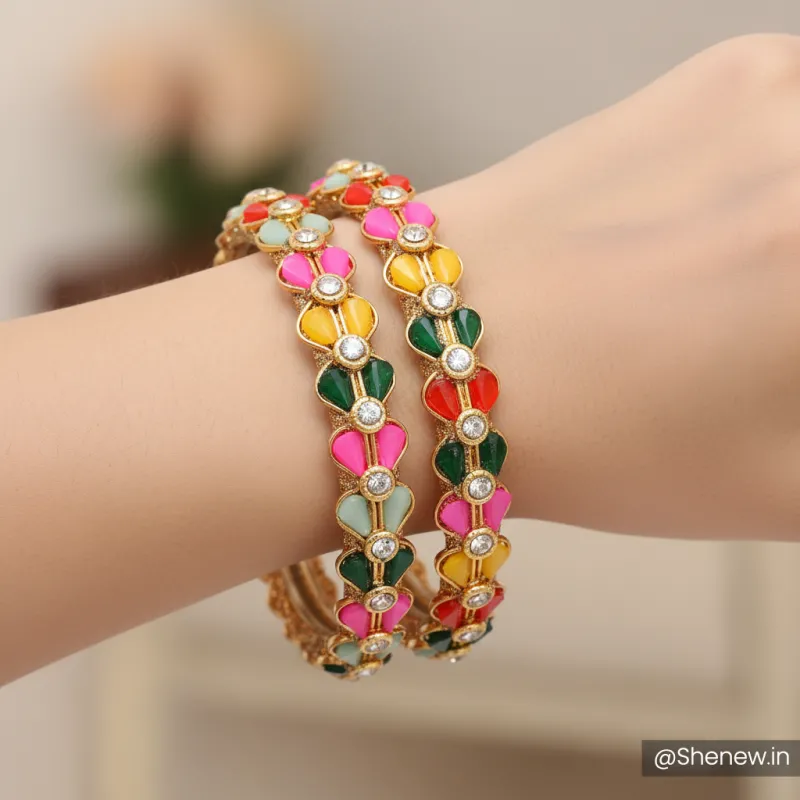 Golden Floral Bangle Set with Multicolor Stones – Set of 2 - Image 3