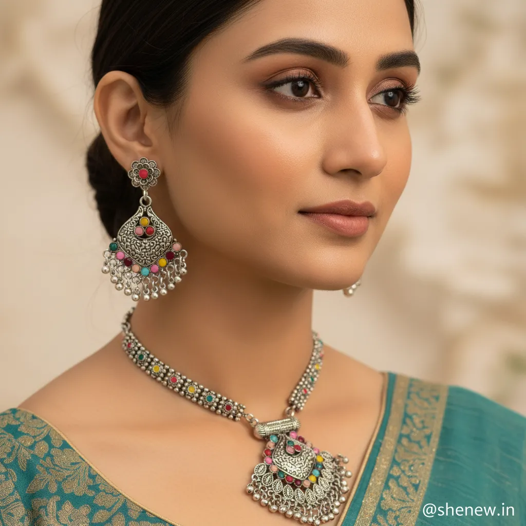 Oxidized Silver Plated Necklace and Earrings Set