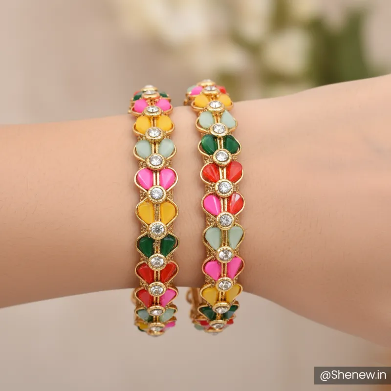 Golden Floral Bangle Set with Multicolor Stones – Set of 2