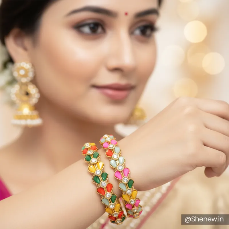 Golden Floral Bangle Set with Multicolor Stones – Set of 2