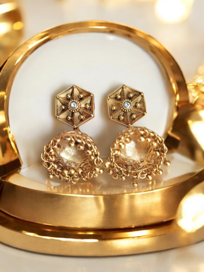 Hexagonal Dome Cluster Gold Jhumki Earrings with Gemstone Accents