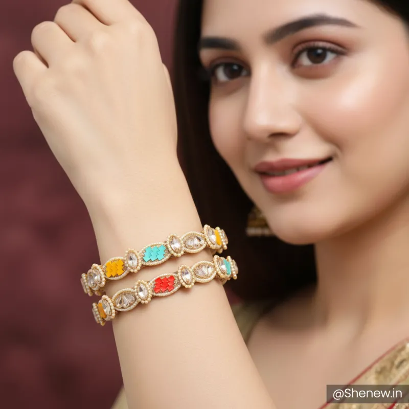 Golden Bangle Set with Multicolor Stones & Kundan Work – Set of 2