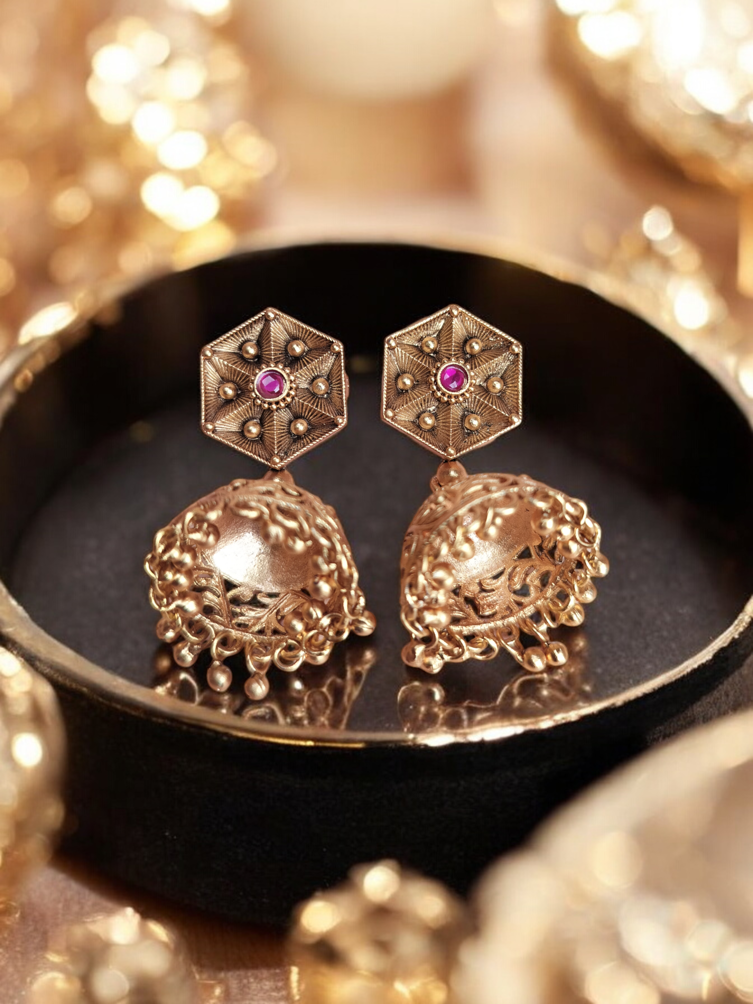 Hexagonal Dome Cluster Gold Jhumki Earrings with Gemstone Accents - Image 2