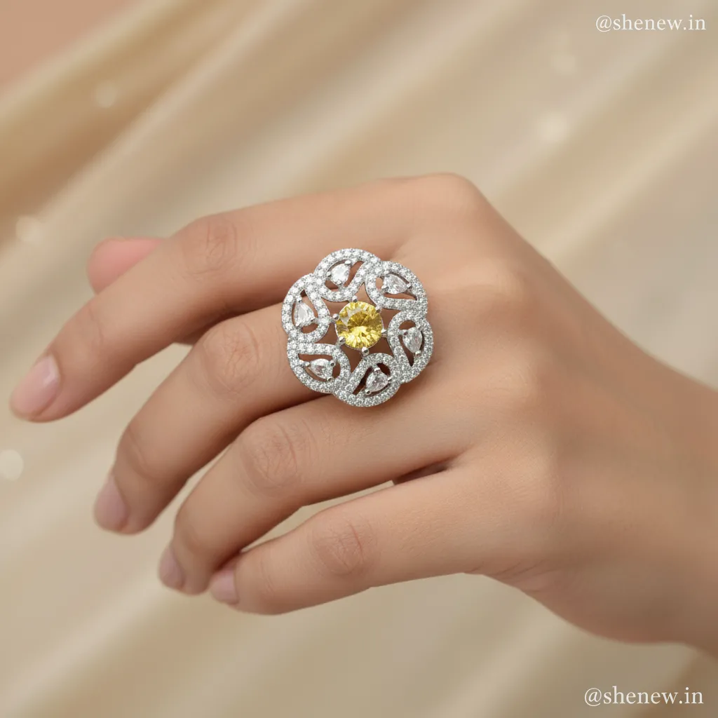 Floral Statement Ring with Diamond Finish – Adjustable Design - Image 4