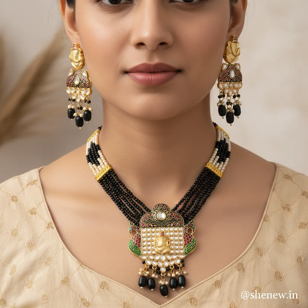 Women’s Traditional Black Beaded Ganesh Pendant Necklace Set with Earrings - Image 4