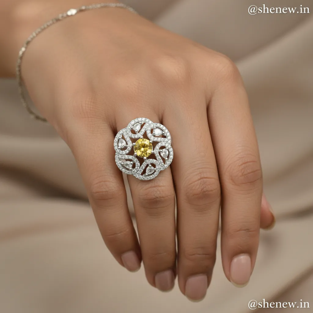 Floral Statement Ring with Diamond Finish – Adjustable Design - Image 3