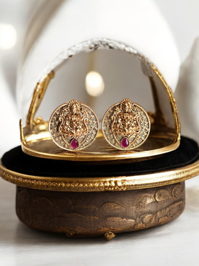 Lakshmi Goddess Stud Earrings with Ruby Accents