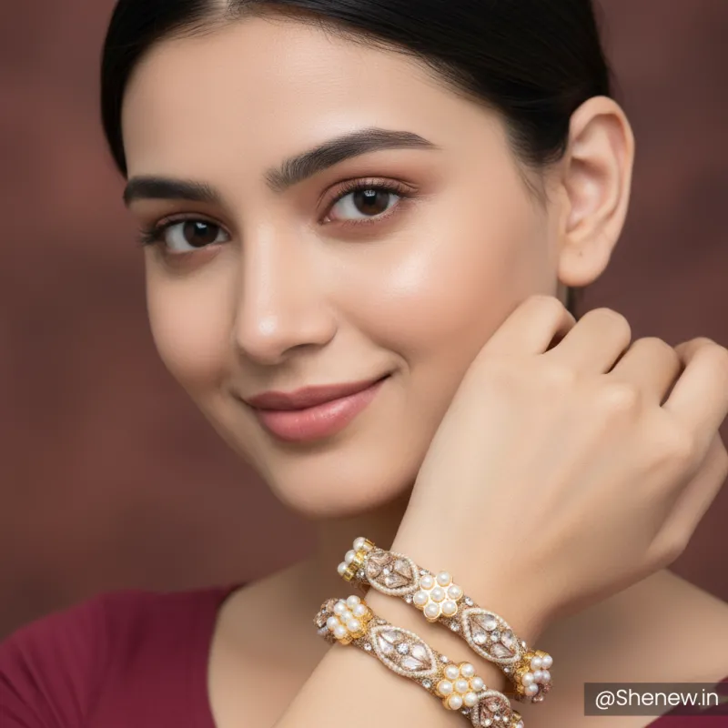 Pearl and Stone Studded Golden Bracelet Set for Women