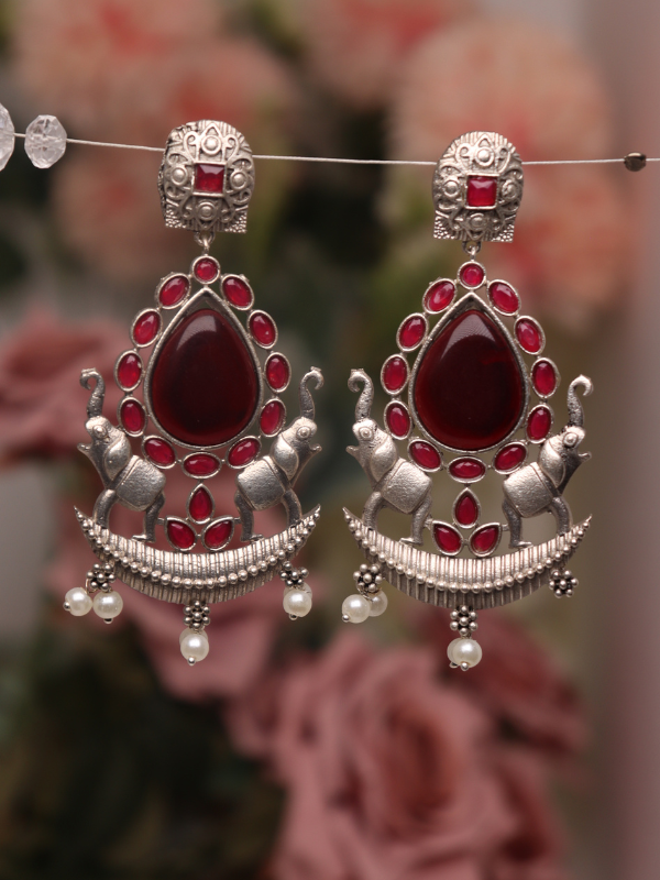 Elephant Design Oxidised Earrings with Pearl & Stones - Image 6