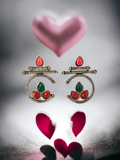 Traditional Lotus Motif Oxidised Earrings with Red and Green Stone