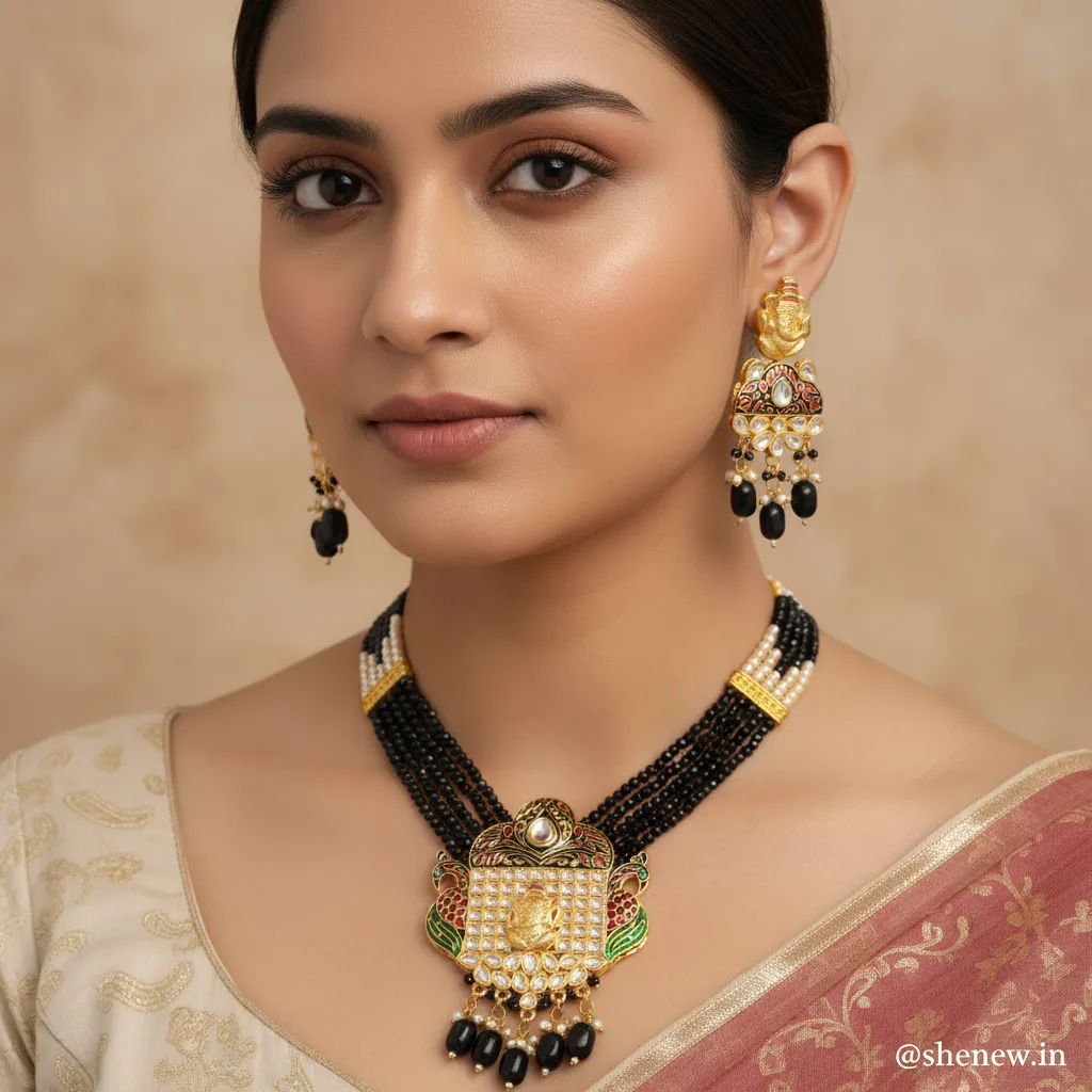 Women’s Traditional Black Beaded Ganesh Pendant Necklace Set with Earrings - Image 3