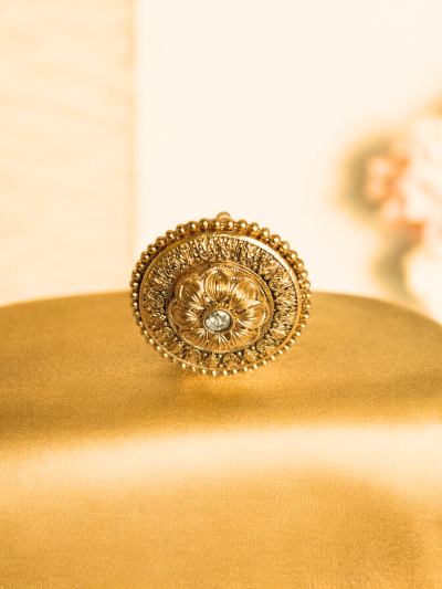 Round Shape Big Flower Gold Plated Adjustable Antique Ring