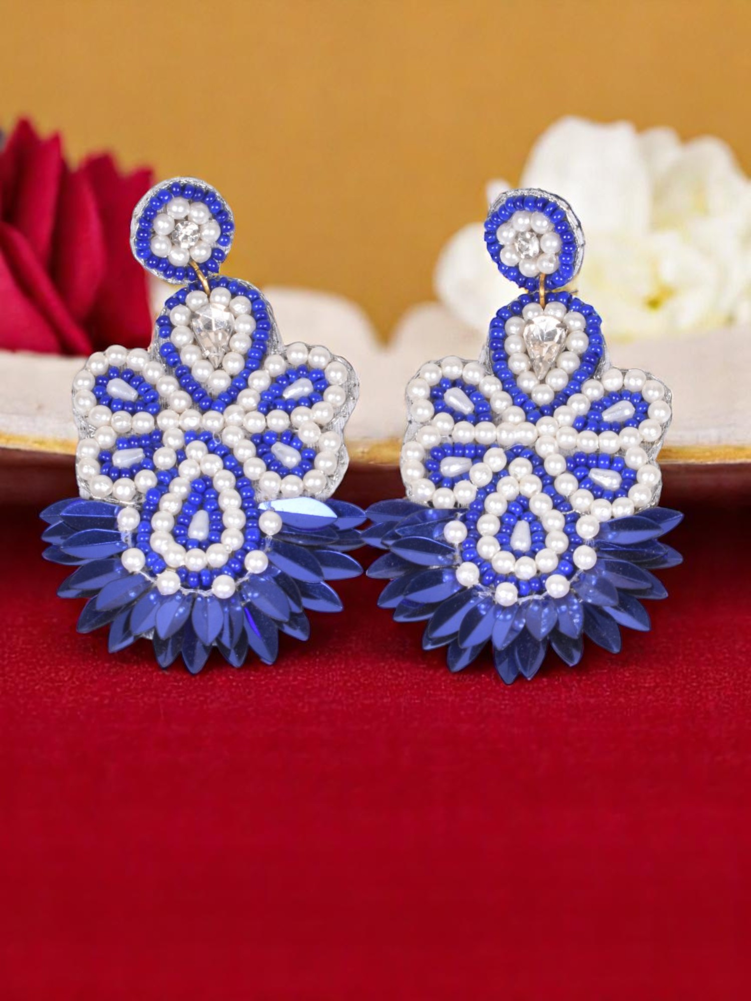 Blue Grace Pearl-Embellished Floral Earrings