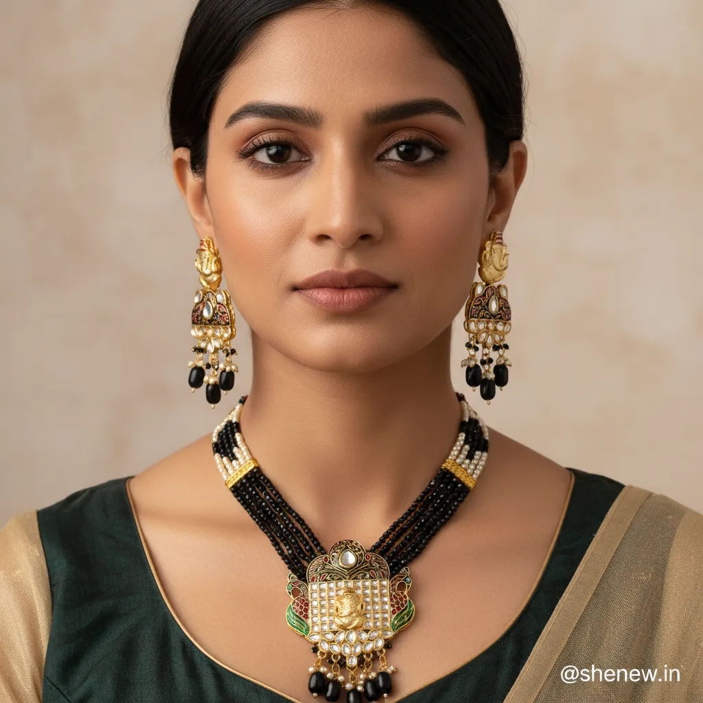 Women’s Traditional Black Beaded Ganesh Pendant Necklace Set with Earrings - Image 2